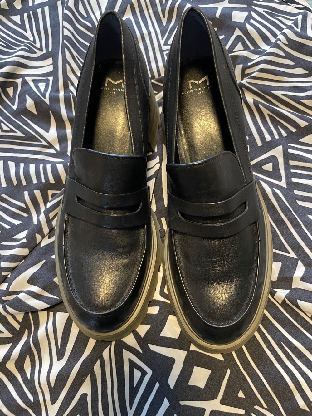 Marc Fisher Black Leather Penny Loafers with Chunky Gray Sole